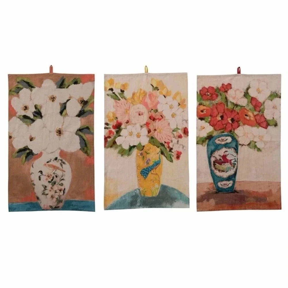 3 Pack Creative Co-op Cotton Chambray Printed Tea Towel with Flowers in Vase NWT